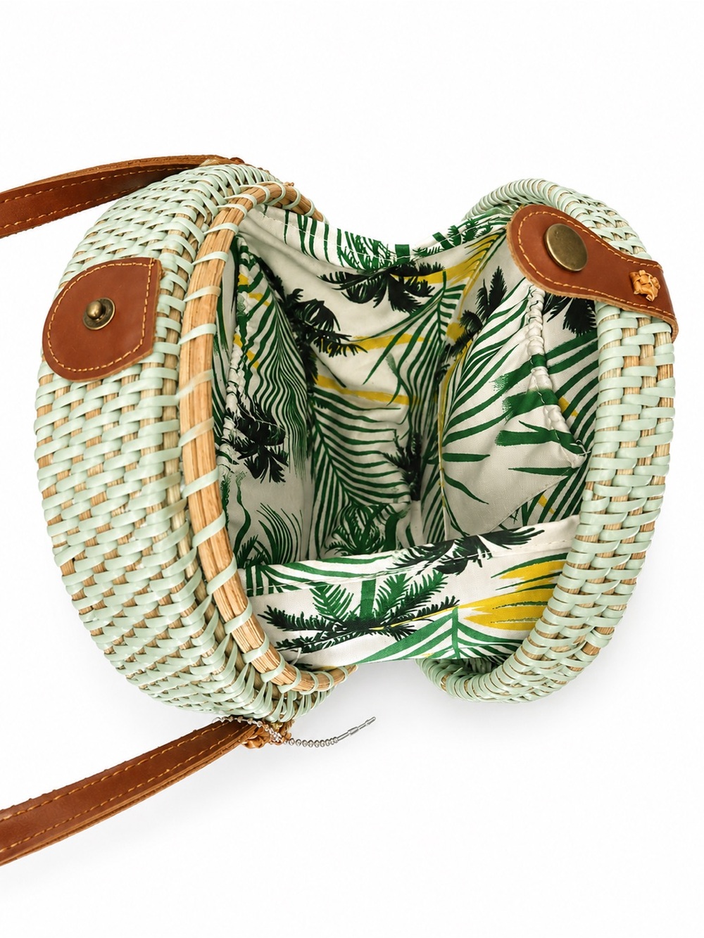 Woven Round Crossbody Bag in Mint with Tan Trim